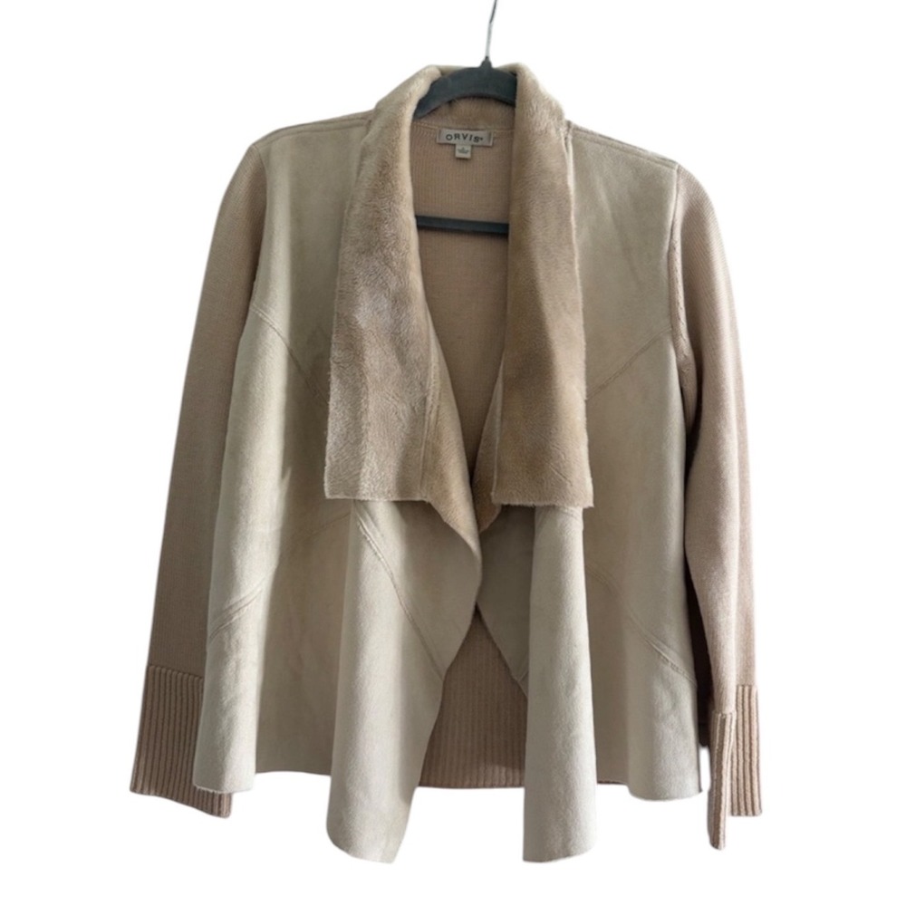 Orvis Women Merino Wool Faux Fur Trim Open Front Cardigan Cream S Cozy Cabin
